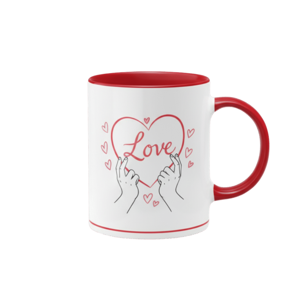 Caneca branca de cerâmica com alça e interior vermelhos, personalizada com a palavra "Love" em vermelho dentro de um coração e mãos fazendo o gesto "finger heart", produzida pela Maximus Print.