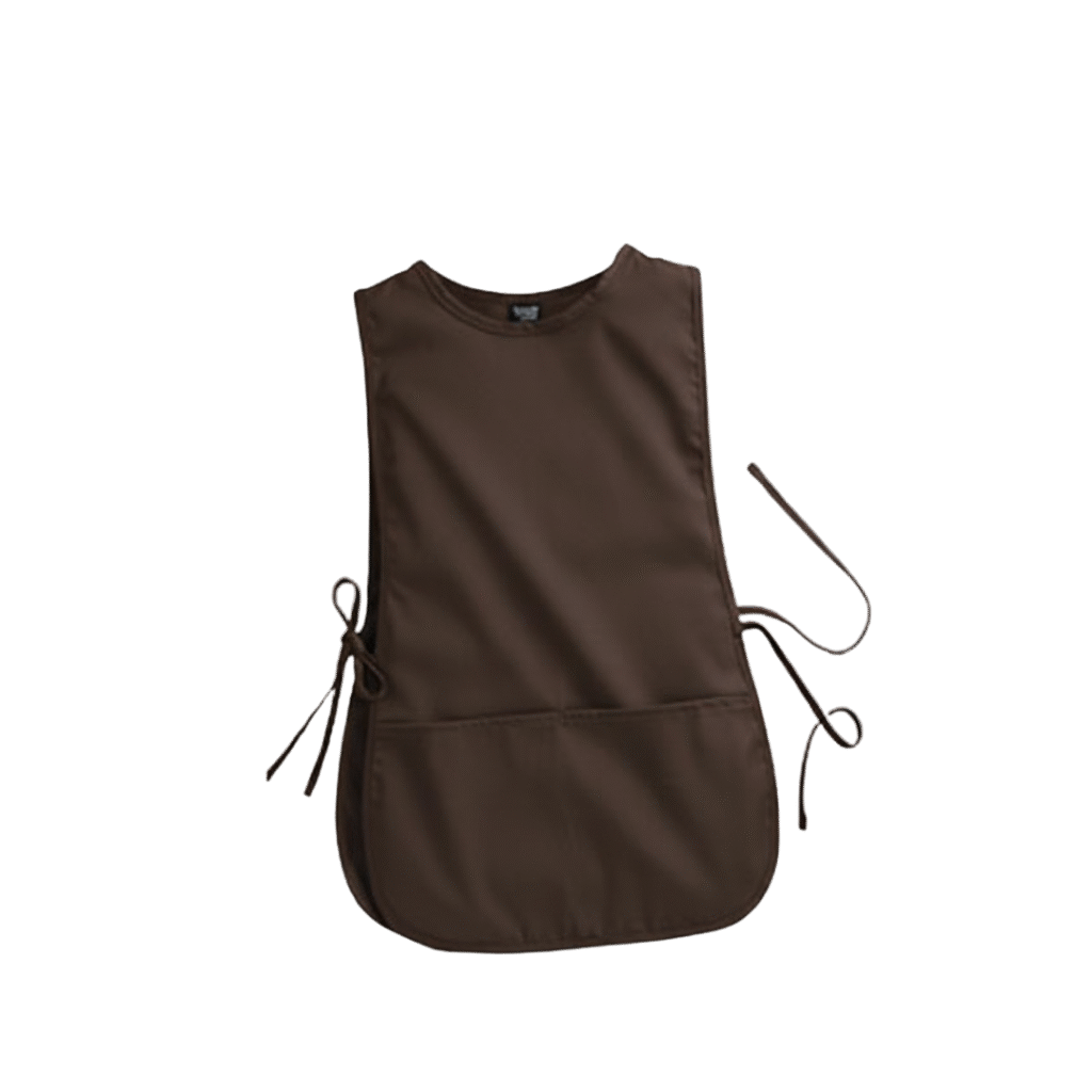 Mockup de avental estilo túnica marrom com gola redonda, laços laterais para ajuste e bolso frontal, ideal para personalização de uniformes de serviço na Maximus Print.
