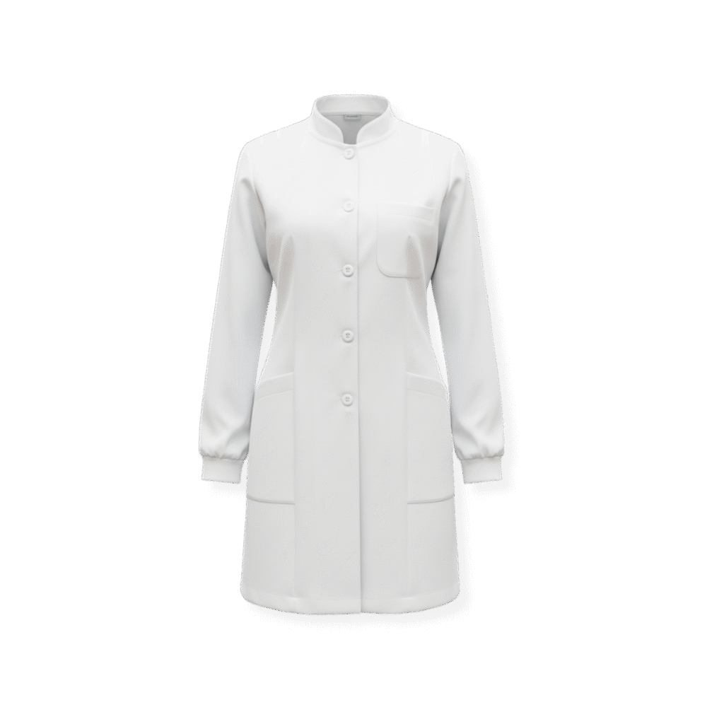 Mockup de jaleco branco profissional de manga longa com elástico nos punhos, gola padre e três bolsos frontais, pronto para personalização na Maximus Print.