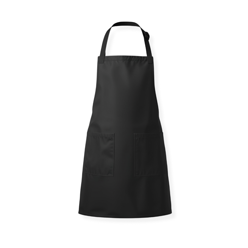 Mockup de avental bege liso com bolso frontal e fundo transparente, ideal para personalização de logotipos na Maximus Print.