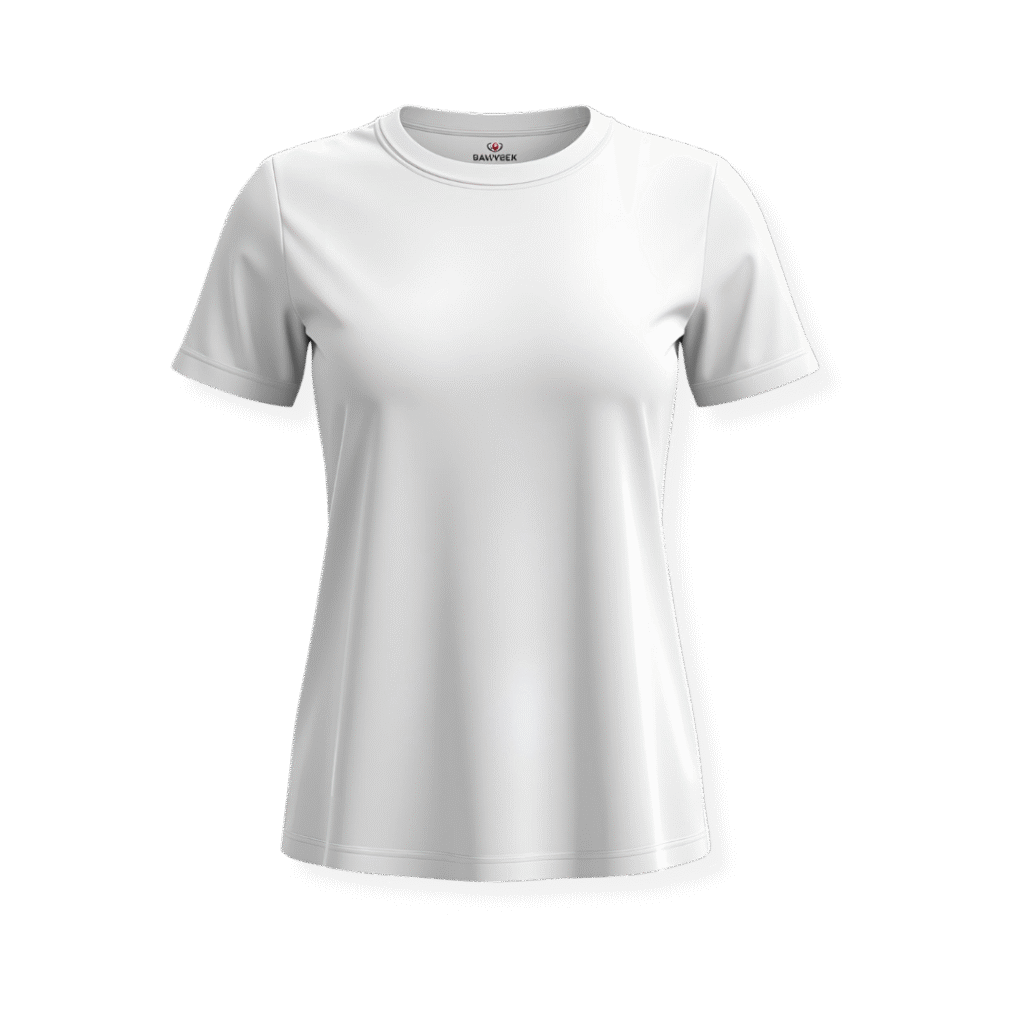 Mockup de camiseta feminina (baby look) branca lisa de gola redonda e manga curta com fundo transparente, pronta para personalização na Maximus Print.