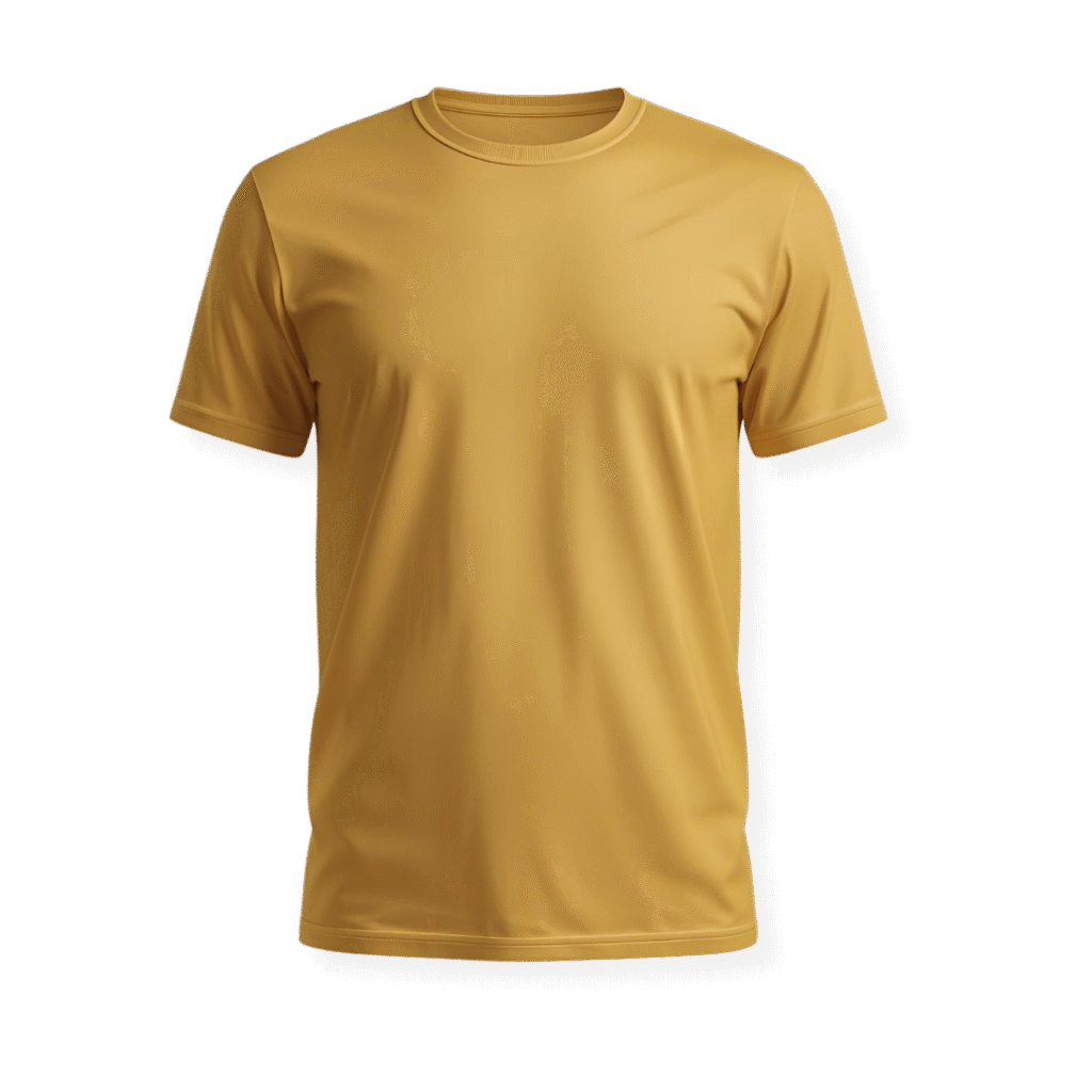 Mockup de camiseta de manga curta na cor mostarda (dourada) com gola redonda e fundo transparente, ideal para personalização e criação de uniformes na Maximus Print.