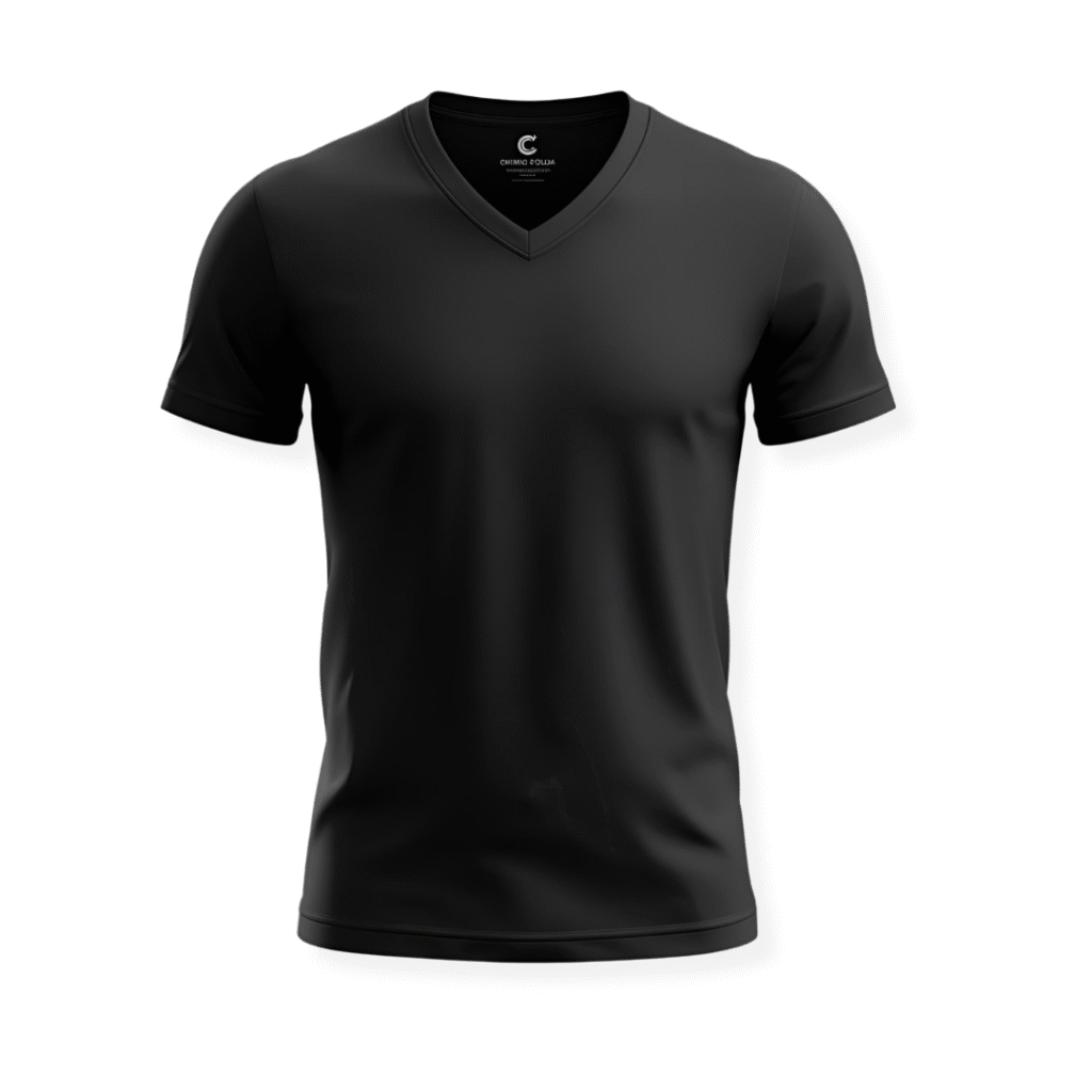 Mockup de camiseta preta com gola V (decote em V) e manga curta com fundo transparente, pronta para personalização na Maximus Print.