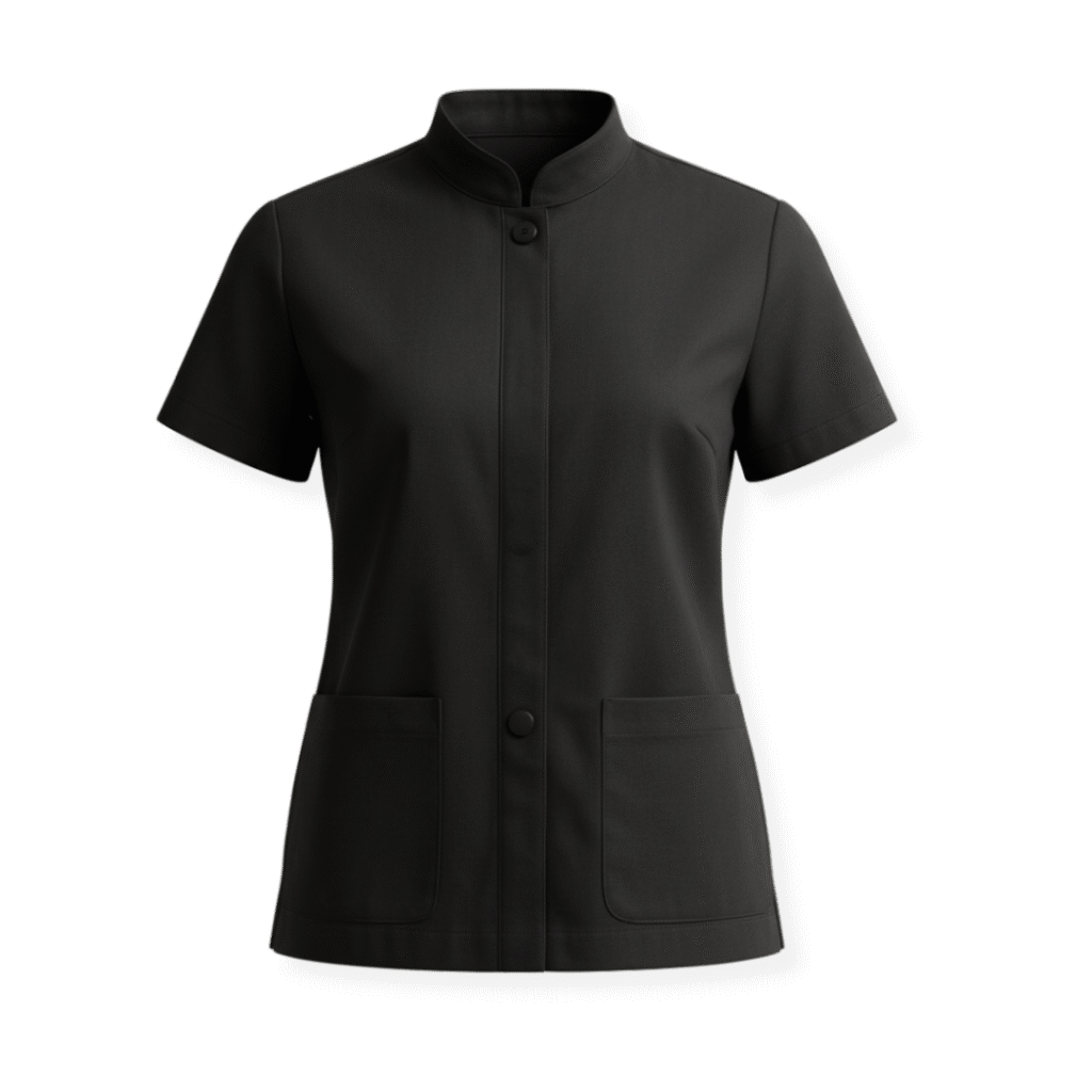 Mockup de túnica ou scrub profissional preto com gola padre, botões frontais e bolsos, ideal para personalização de uniformes de estética e saúde na Maximus Print.