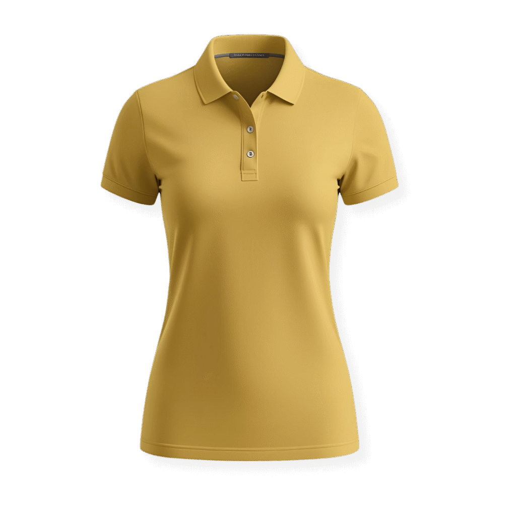 Mockup de camisa polo feminina na cor mostarda (dourada) com fundo transparente, ideal para personalização de uniformes corporativos e executivos na Maximus Print.