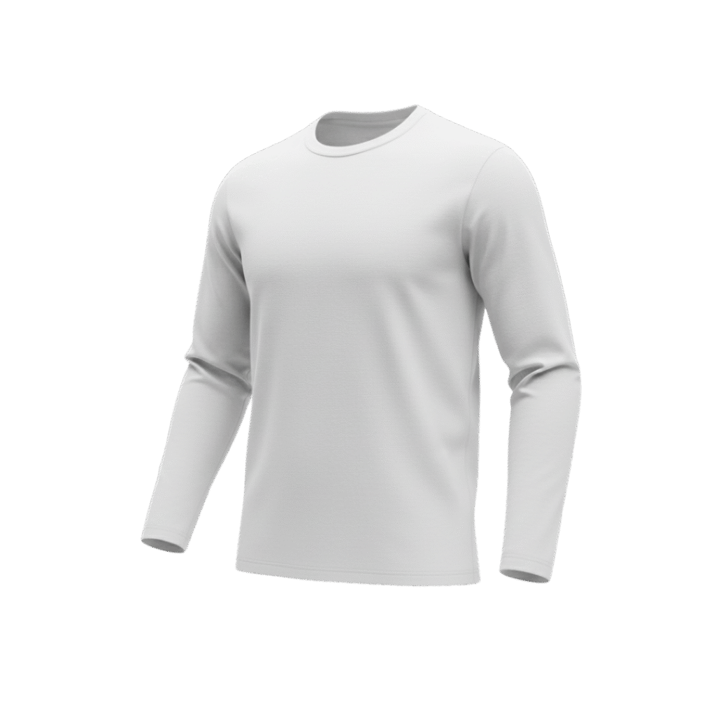 Mockup de camiseta de manga longa branca lisa com fundo transparente, representando as opções de vestuário para personalização na Maximus Print.