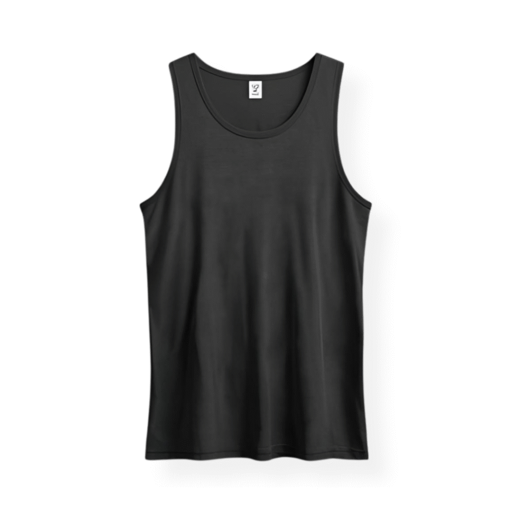 Mockup de regata machão masculina preta lisa com fundo transparente, ideal para personalização de uniformes de academia e treinos na Maximus Print.