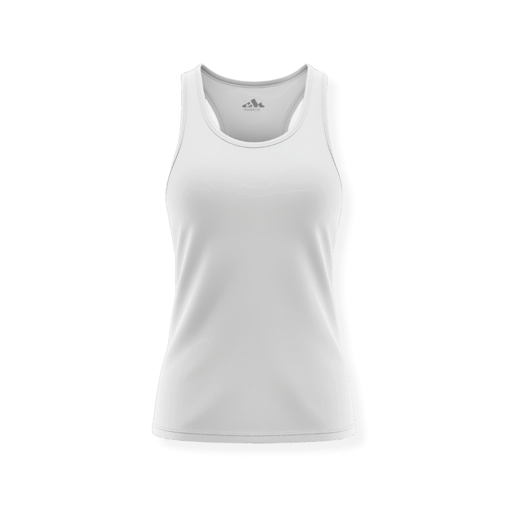 Mockup de regata nadador feminina branca com fundo transparente, ideal para personalização de uniformes de academia na Maximus Print.