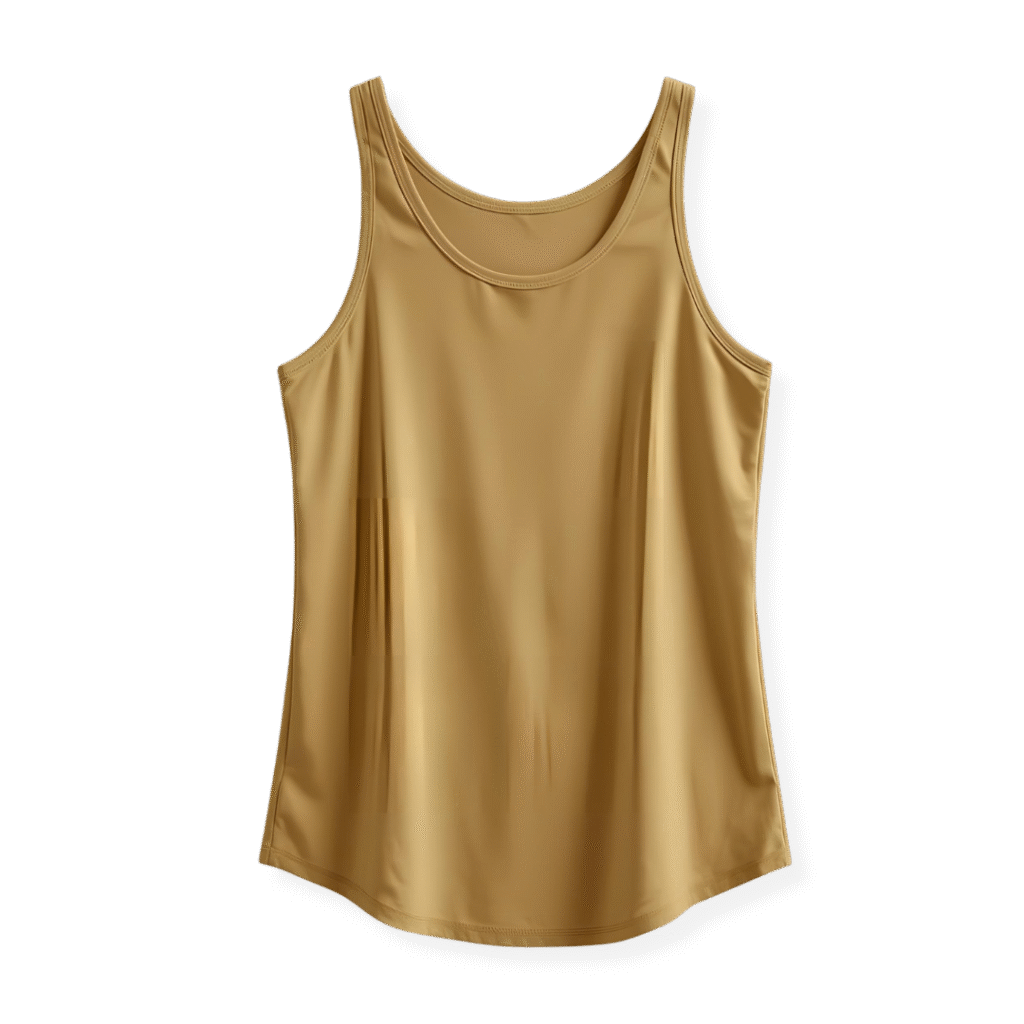 Mockup de regata feminina na cor mostarda (dourada) com fundo transparente, ideal para personalização de uniformes e moda básica na Maximus Print.